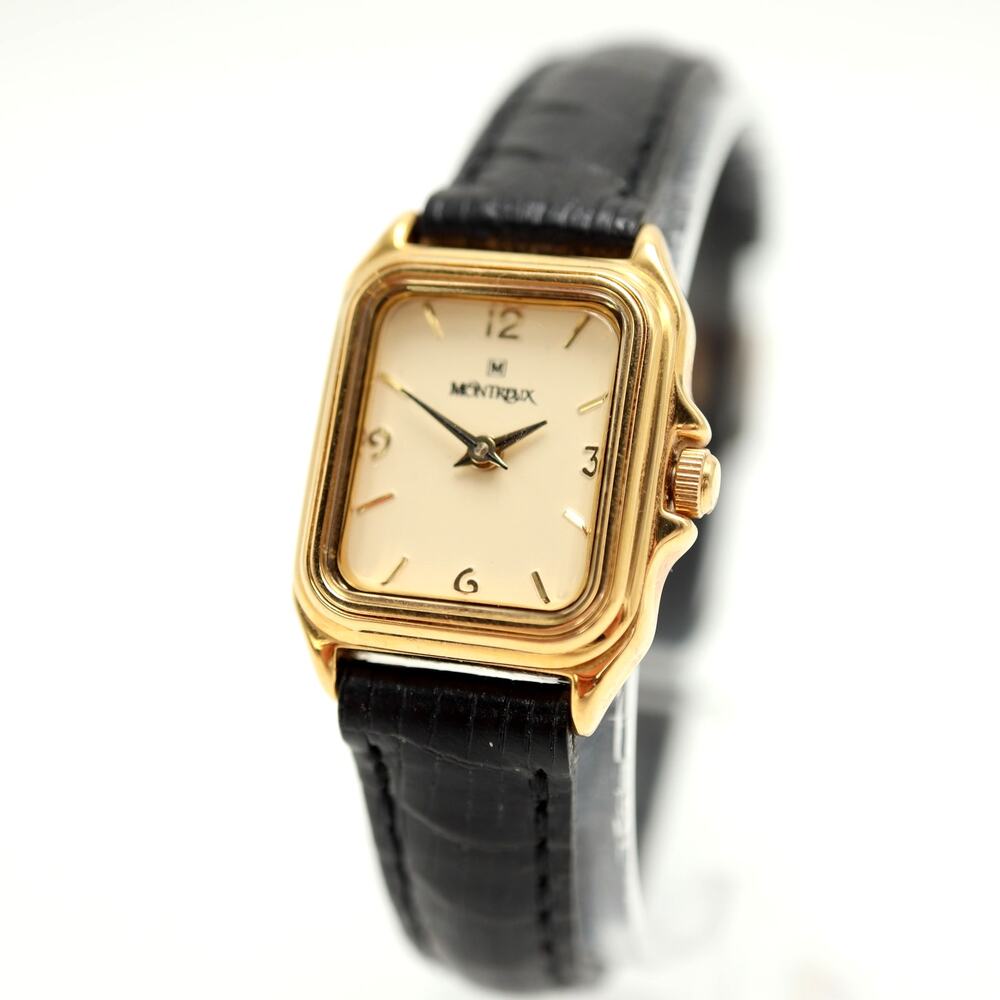 Vintage Montreux Swiss 19mm Gold Tone Tank Watch Black Leather w New Battery